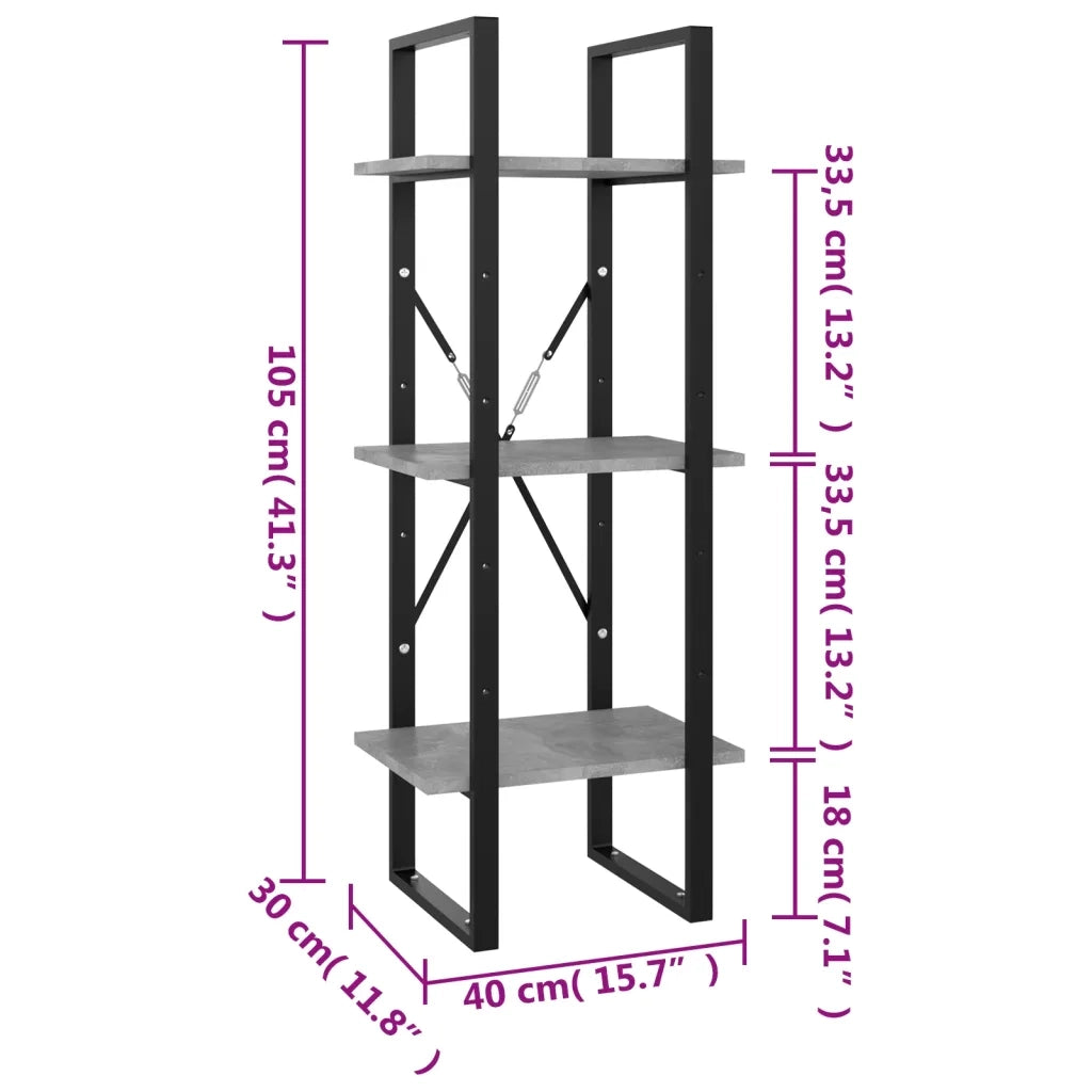 Libreria 3 Ripiani-Scaffale per Libri-Mobile di Stoccaggio Grigio Cemento 40x30x105cm Legno Multistrato
