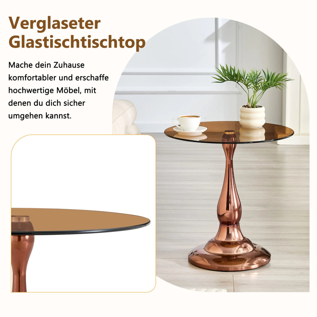 Tavolino basso in vetro temperato con base in metallo per soggiorno e camera da letto marrone diametro 50 cm