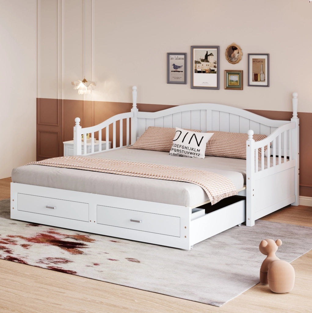 Divano letto estraibile 90x190 cm con cassetti e rete a doghe in legno bianco