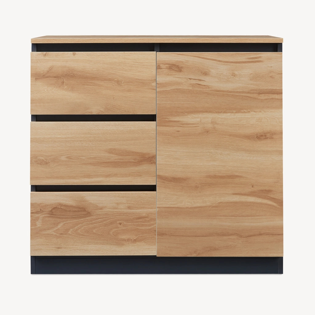 Credenza Mobile Contenitore Kyr Comò con Anta e 3 Cassetti 80 x 40 x 75 cm - Nero/Effetto Rovere Rustico [en.casa]