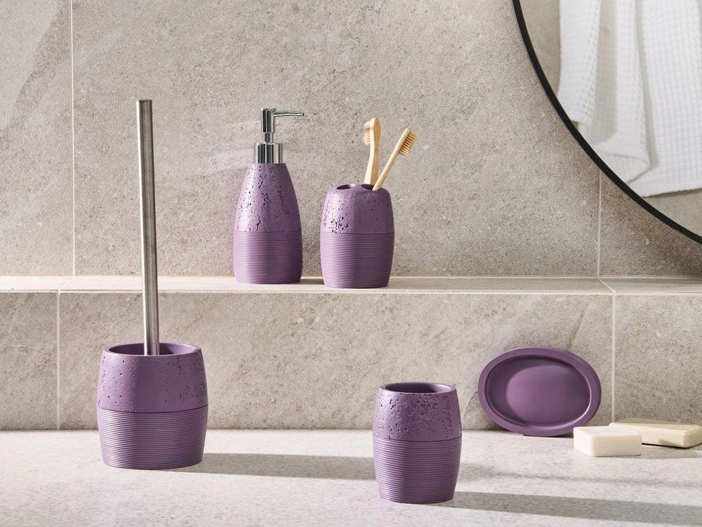 Set di 5 accessori per il bagno Dispenser per portasapone Spazzola da toilette Porta spazzolini viola stile elegante