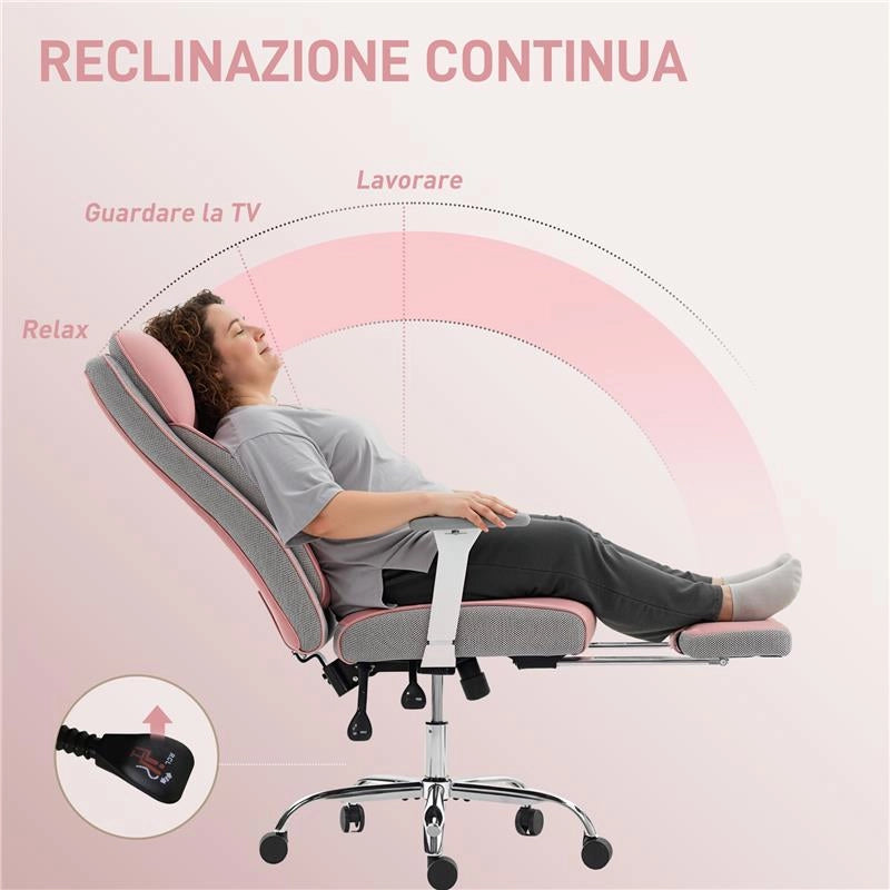 SEDIA DA UFFICIO ERGONOMICA RINFORZATA CON BRACCIOLI REGOLABILI, POGGIAPIEDI E POGGIATESTA, ROSA