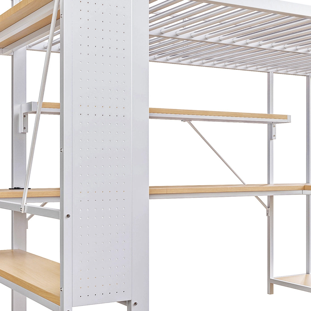 Letto a soppalco 140x200 cm bianco con scrivania, LED, USB e ripiani