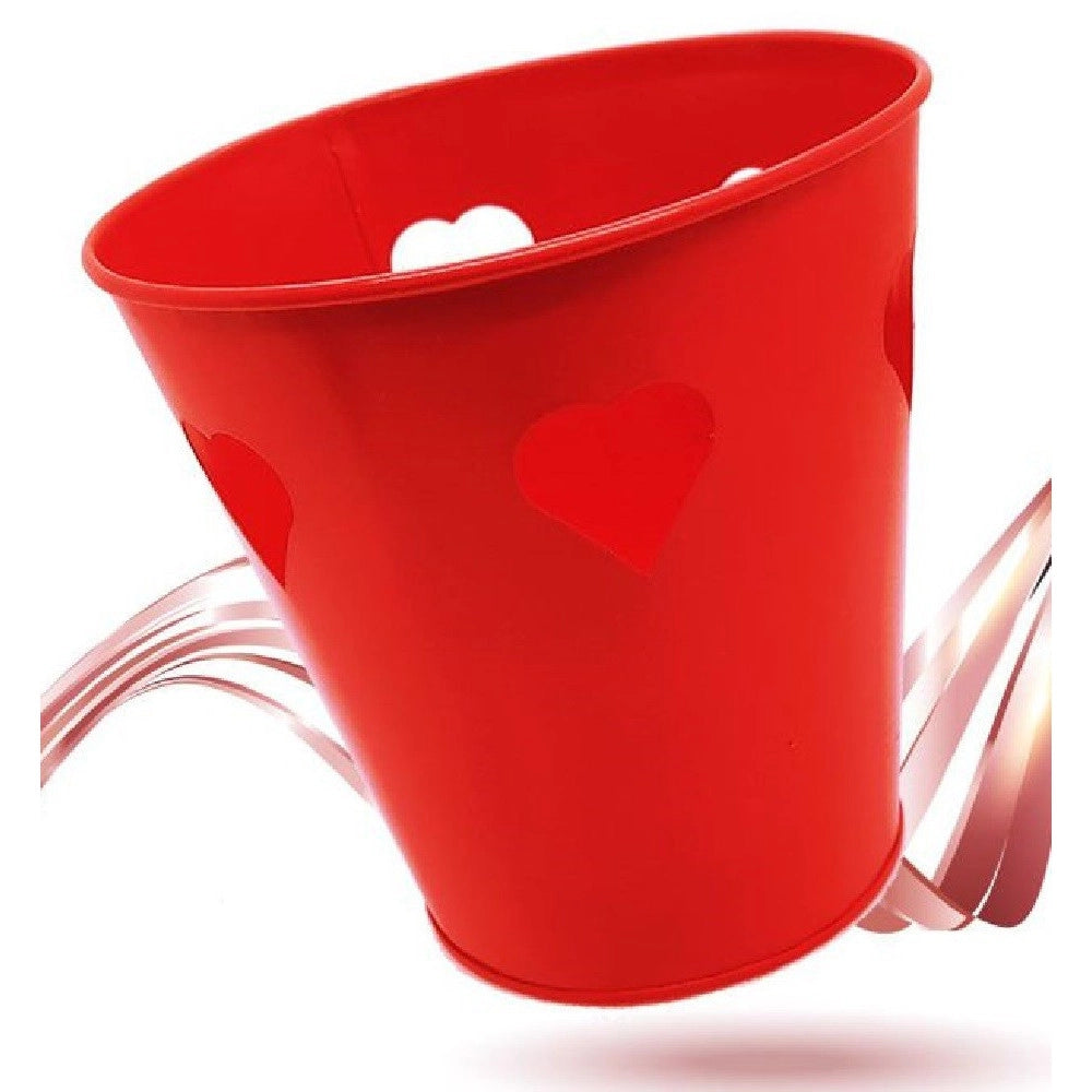 Trade Shop - Secchiello Decorativo Rosso In Latta 14 Cm Cuori Idea Regalo San Valentino 92294 -
