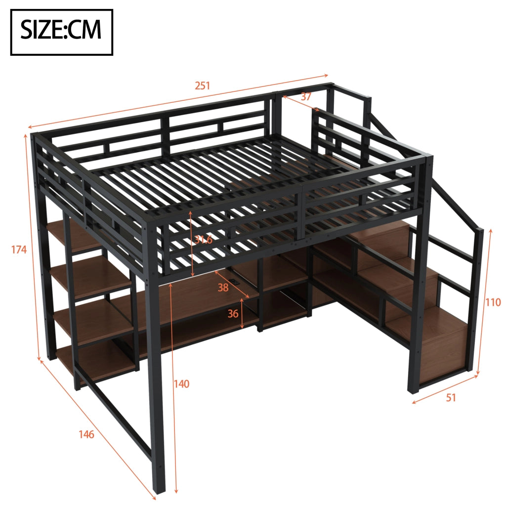 Letto a soppalco 140x200 cm con supporto TV e presa, nero HAVRYA
