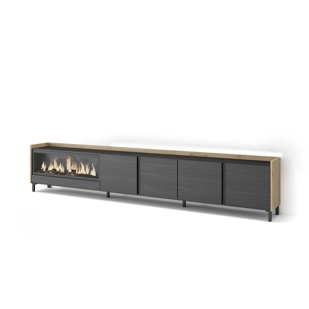 Mobile TV Soggiorno, 315x61x35 cm, Per TV fino a 80", Camino elettrico XXL, Design industriale, LED, Nero e rovere