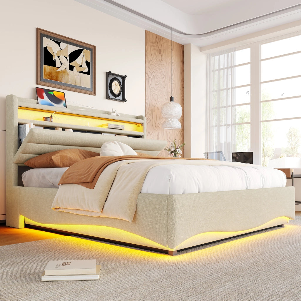 Letti contenitori 140x200 cm con LED e vano contenitore; lino beige (Senza materasso)