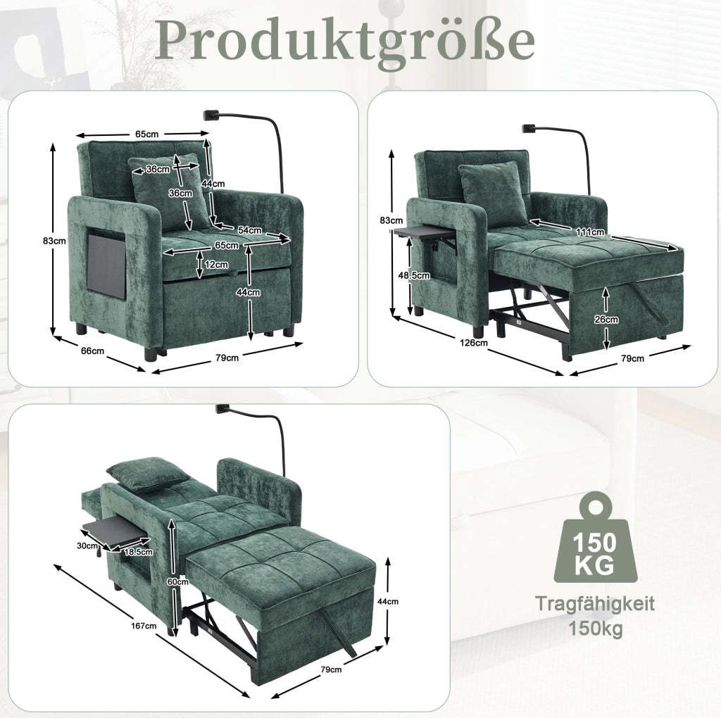 Poltrona letto 2 in 1 in tessuto Chenille verde con tavolino e scomparti portaoggetti