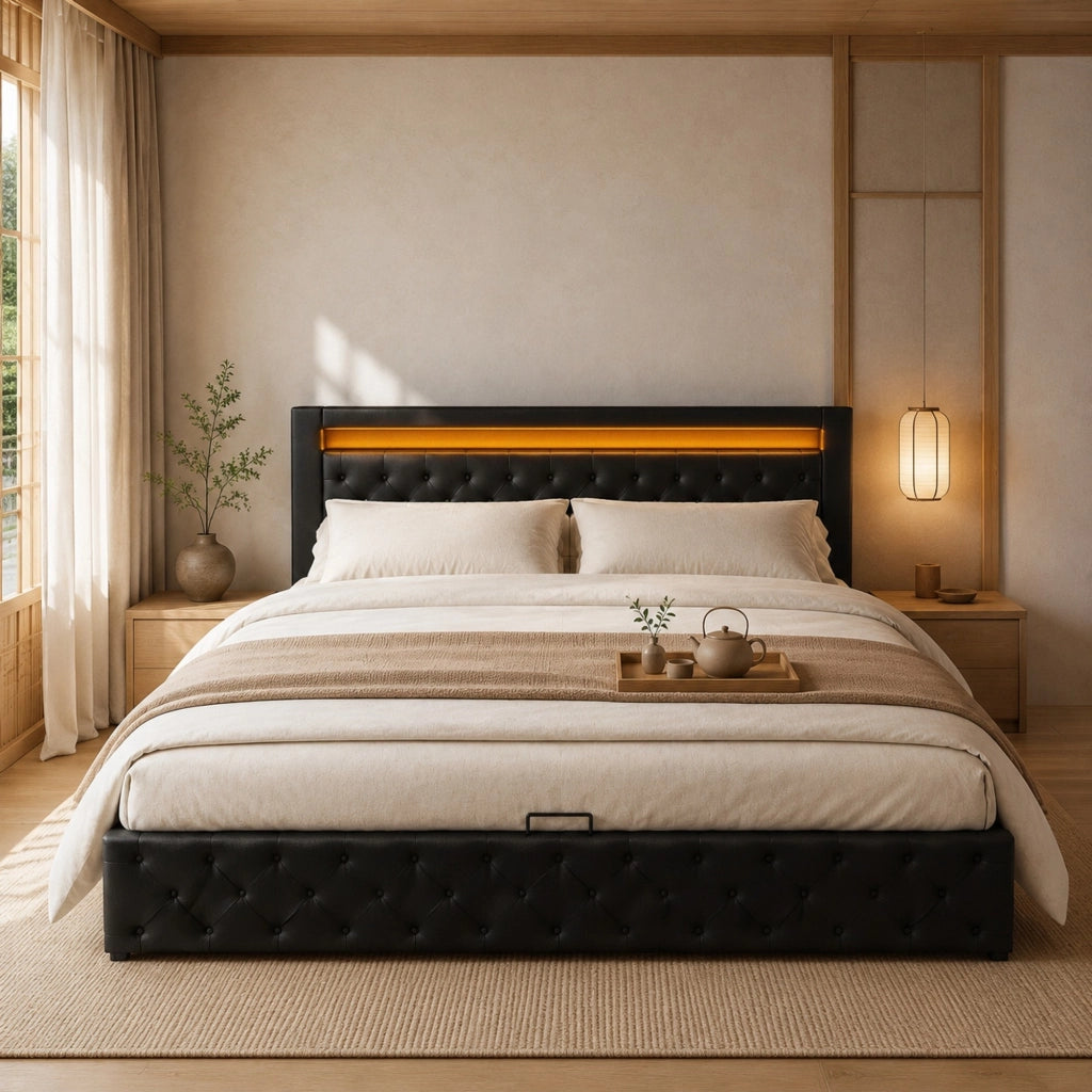 Letto capitonné 140 x 190 cm con sommier a doghe, contenitore sottoletto, LED, PU nero