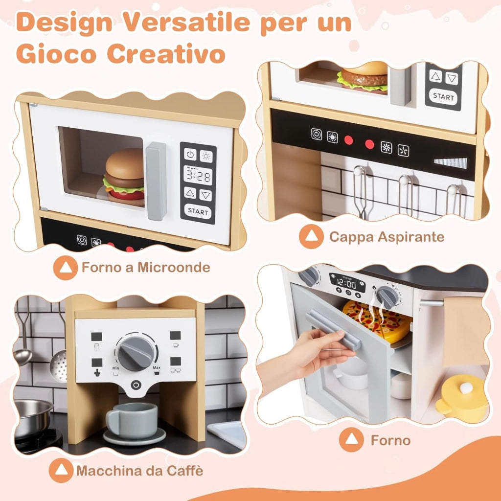 Cucina Giocattolo per Bambini, Cucinetta in Legno con Suoni e Luci, Fornello, Lavandino, Macchina del Caffè, Gioco Cucina di Ruolo per Bambini 3+ Anni (Grigio)