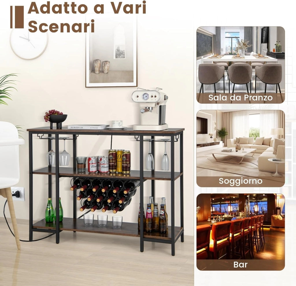 Mobile Bar Vino, Portabottiglie Industriale con 3 Ripiani, Porta Calici, Porte USB e Prese, Mobile Portabottiglie di Vino con Struttura in Metallo, 113 x 35 x 85 cm (Marrone)