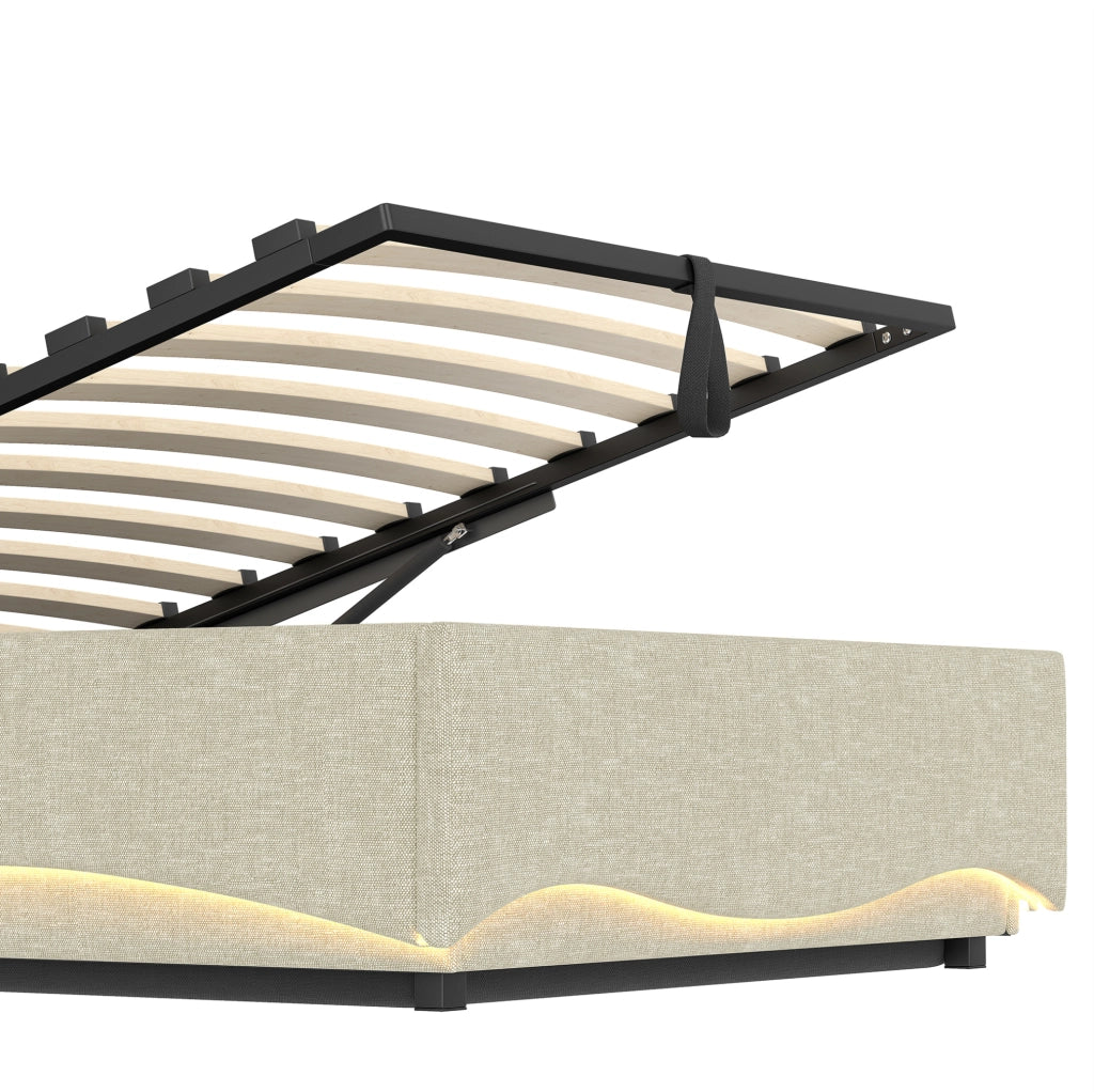 Letto imbottito 90x200 cm con LED; contenitore idraulico e porte USB in lino beige