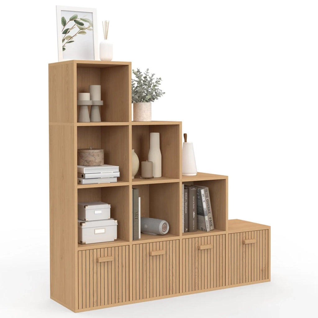 IDMarket - Contenitore LORYS JULIETTE a 4 livelli ad effetto doghe con 4 cassetti in tessuto