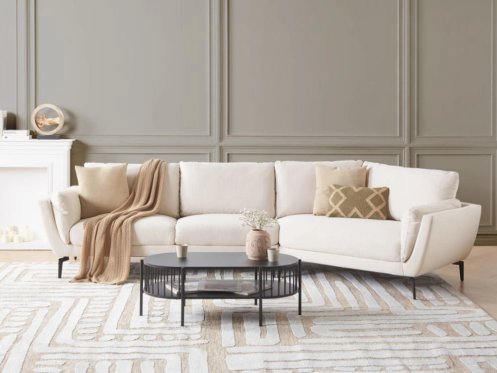 Divano a 3 posti in tessuto beige chiaro con schienale imbottito elegante moderno minimalista
