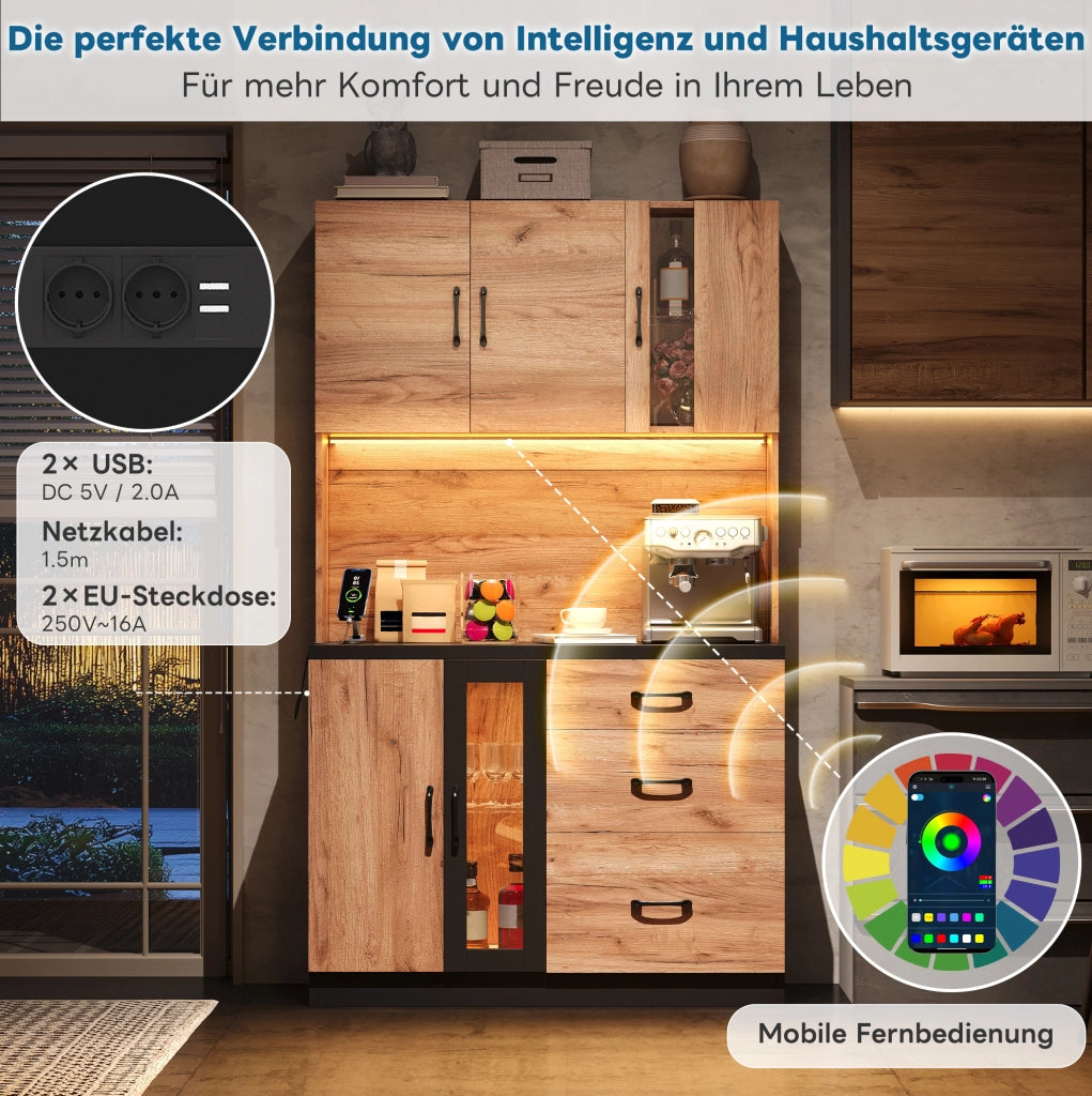 Colonna cucina in MDF con LED, prese USB e ante in vetro