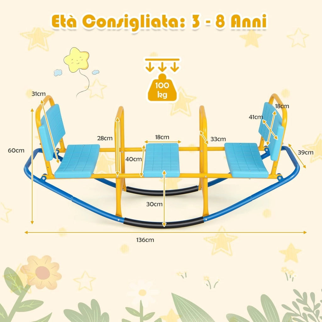 Altalena Saliscendi per Bambini, Altalena Basculante Oscillante di Metallo con Maniglie, Altalena Basculante per Interno ed Esterno, 3 Posti a Sedere (Blu)