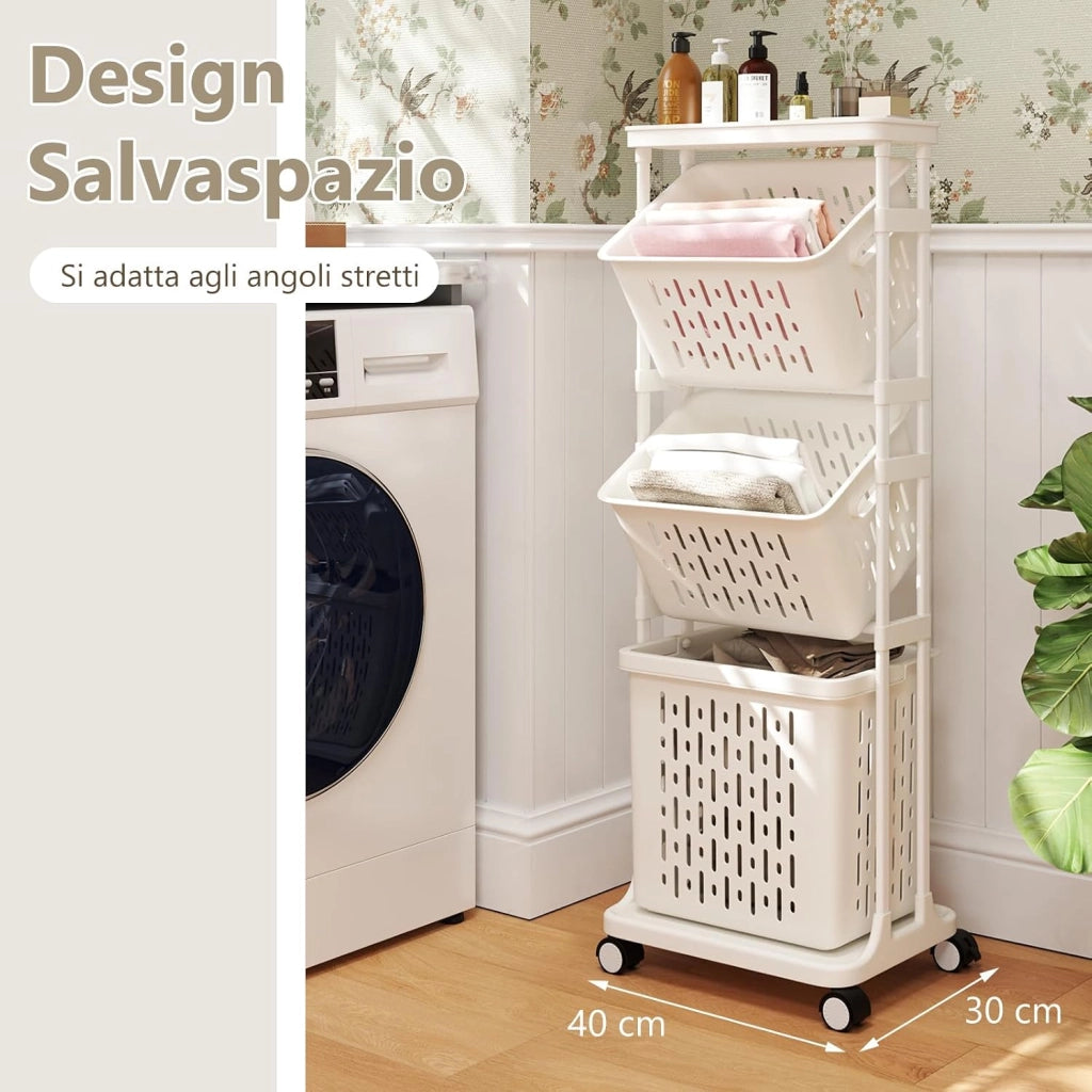 Carrello per Lavanderia a 3 Ripiani, Organizzatore per Bucato con 4 Ruote Girevoli e 3 Cestini, Carrello Sottile Multiuso per Bagno Lavanderia, 40 x 30 x 112 cm