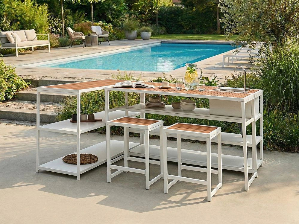 Isola da giardino in acciaio Scaffali in acciaio Base in polipropilene bianco e legno chiaro 150x50x90 cm stile elegante