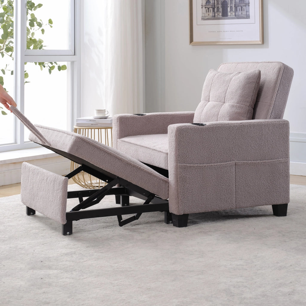 Divano letto 3 in 1 con schienale reclinabile portabicchieri porta USB per piccoli spazi in legno e metallo grigio