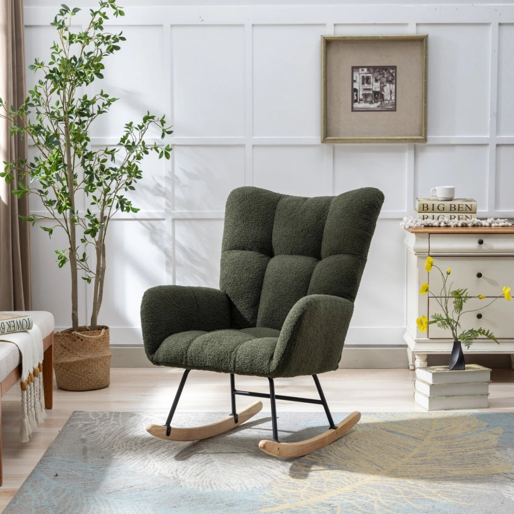 Sedia a dondolo in tessuto teddy con design ergonomico, braccioli e base in legno massello verde scuro