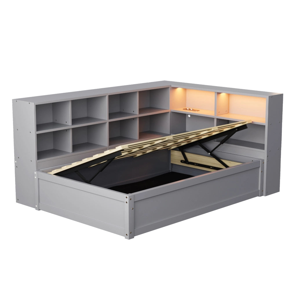 Divano letto 90x200 cm con presa multifunzione; vani portaoggetti e LED in legno grigio