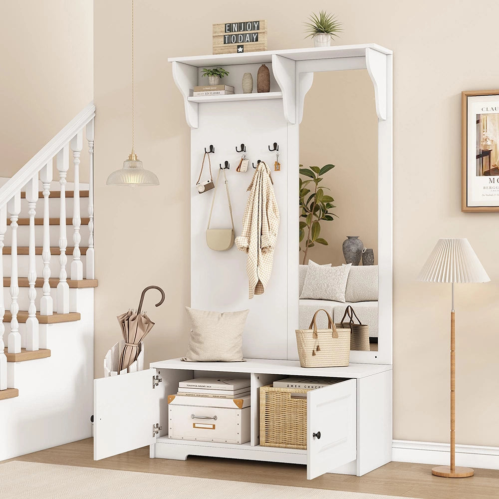 Appendiabiti con specchio 100x40x180 cm - Xylo - 5 ganci, 2 ante, ripiano scarpe, bianco