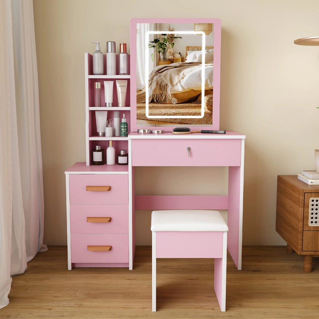 Tavolo da toeletta elegante con specchio illuminato; sgabello morbido; luce regolabile 3 colori; 4 cassetti; Rosa; B85×H130×P36cm
