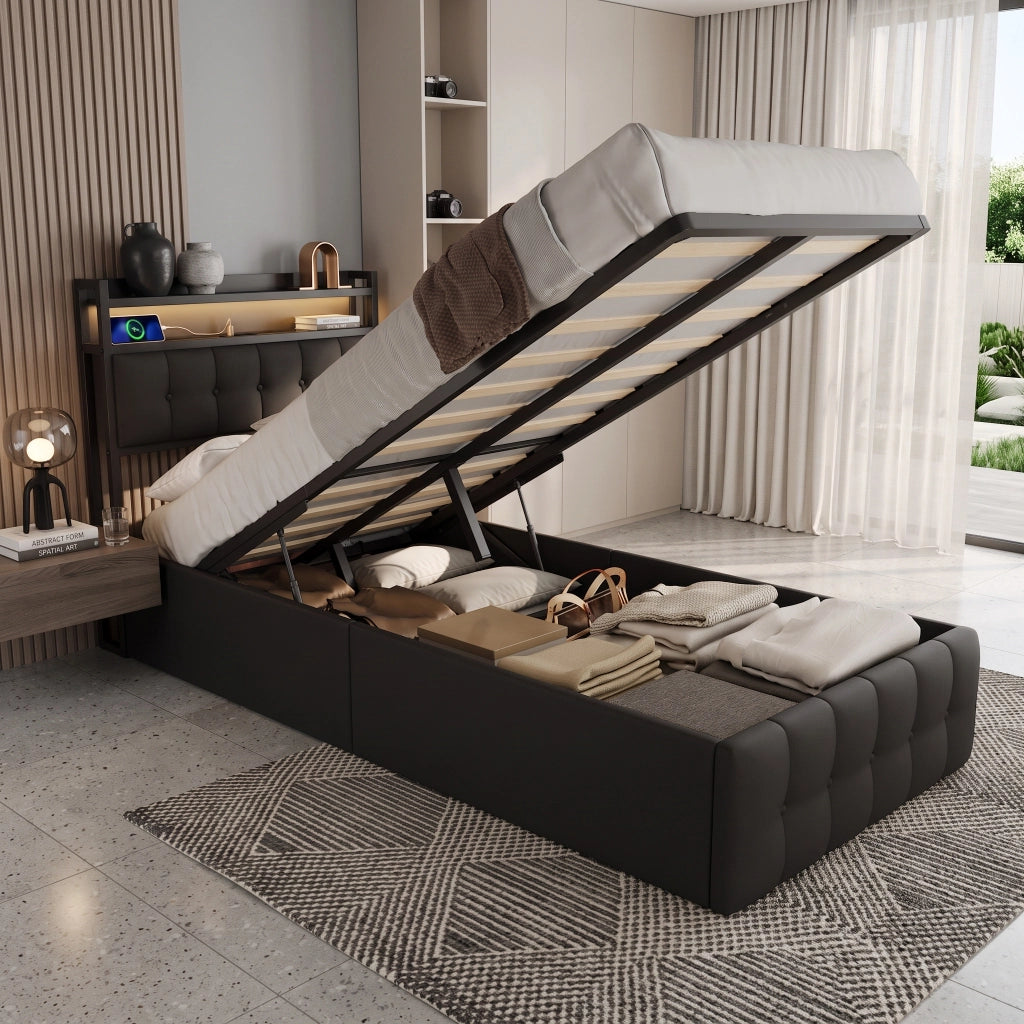 Letto singolo 90x200 cm con contenitore LED USB testiera struttura letto MDF e PU - nero