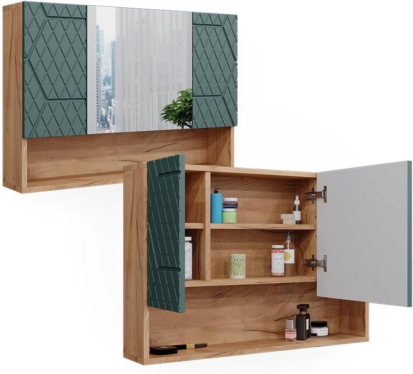 Mobile da bagno con specchio Irma, Quercia verde/oro, 80.1 x 55 cm, con specchio e ripiani aperti per montaggio a parete