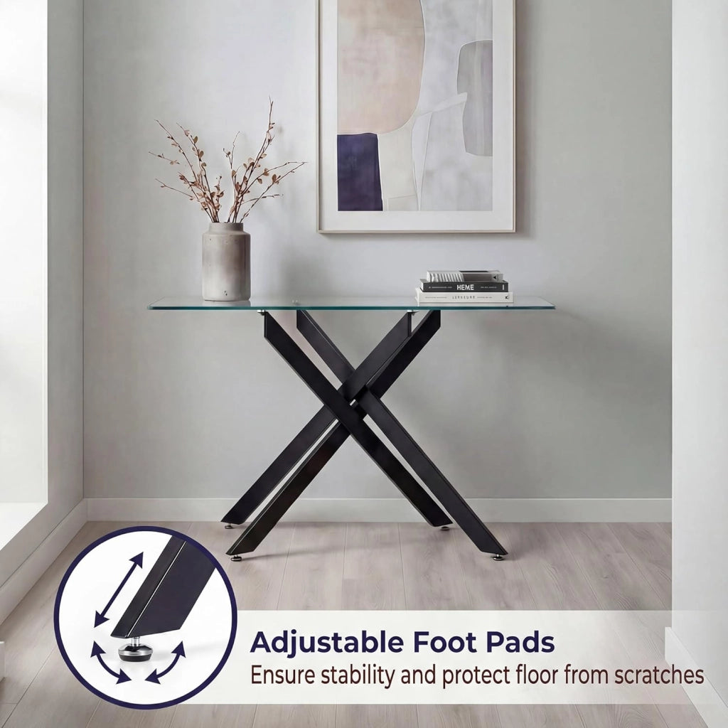 Tavolo Consolle in Vetro Temperato 115 x 45 x 78 cm, Consolle Ingresso Telaio Robusto con Gambe in Metallo Incrociate e Piedini Regolabili, Salvaspazio, per Soggiorno e Corridoio