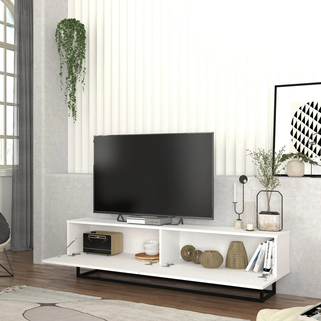 Mobile Porta TV Nolven a 2 Ante Ribalta e Telaio in Metallo 180x32x47 cm - Bianco [en.casa]