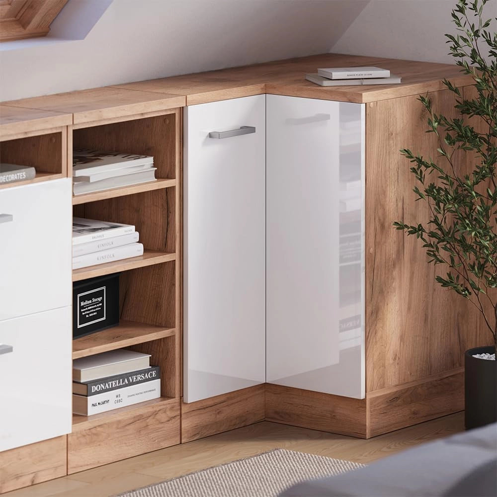 Mobile sottotetto Mobile angolare Rion, Bianco lucido, 75.6 x 81.6 cm con 1 porta, carcassa dell’armadio profondità 60 cm, adatto per il salvaspazio sotto tetti spioventi