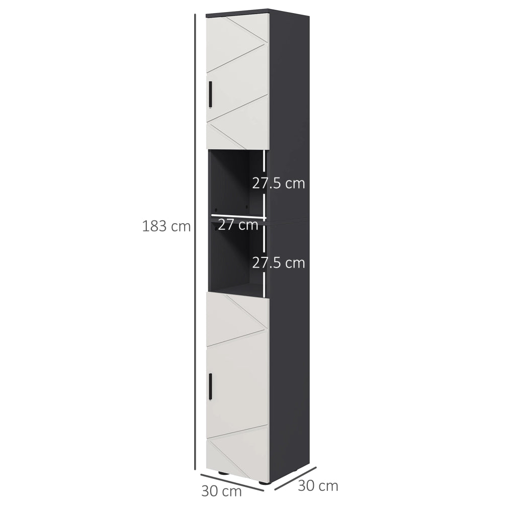 Colonna Bagno in Truciolato con 2 Ripiani Aperti e 2 Armadietti a 2 Livelli, 30x30x183 cm, Grigio