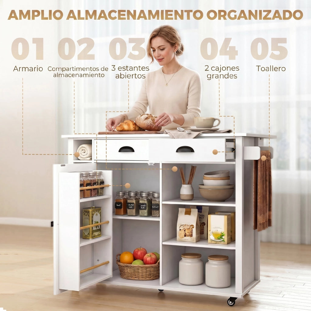 Mobile Cucina con Ruote e Anta a Ribalta ¨C zephmum ¨C Bianco 117.5x70x91 cm