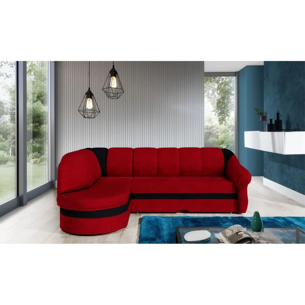 Divano ad angolo sinistro trasformabile BENANA 250 cm rosso e nero con contenitore