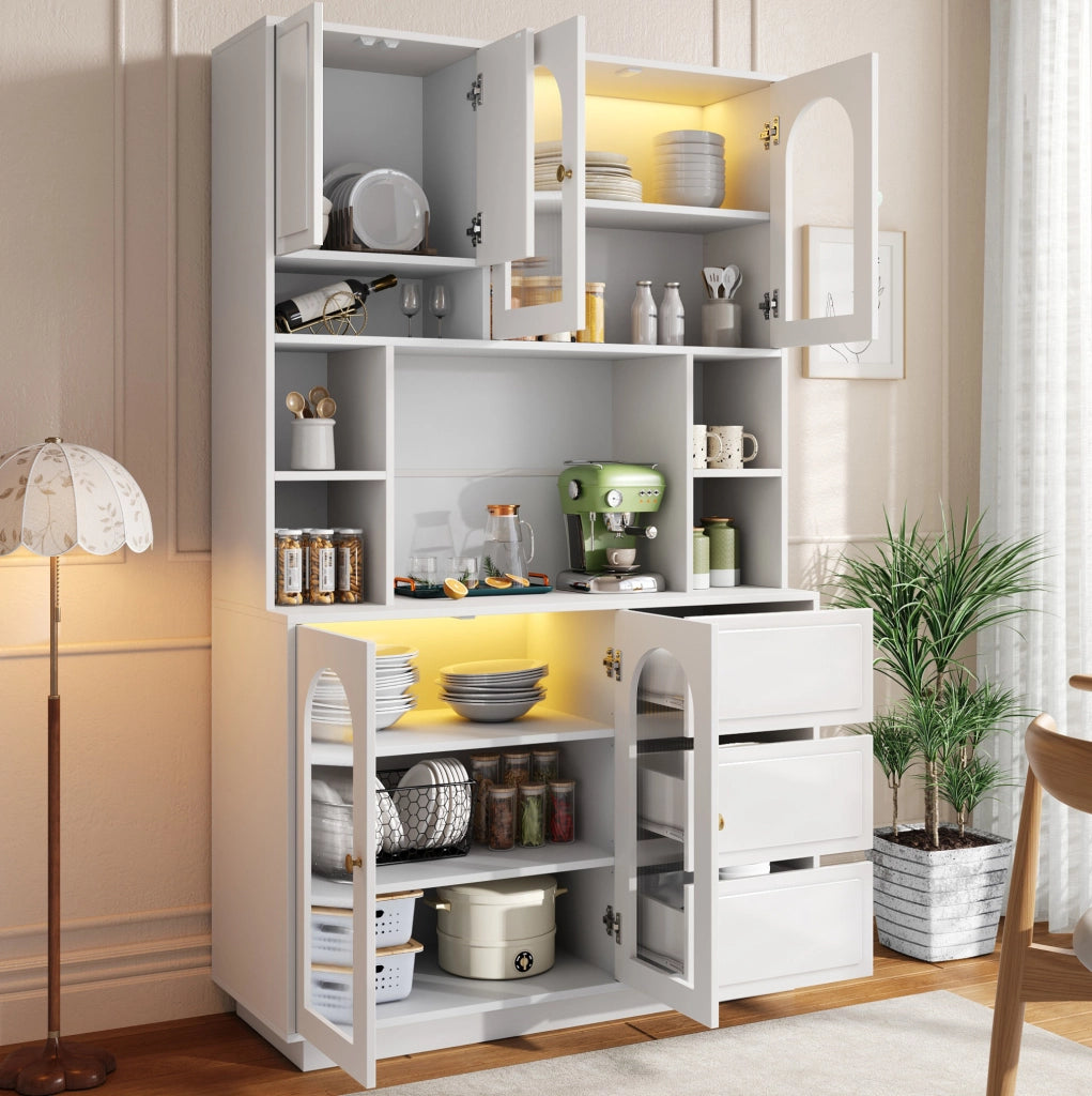 Credenza alta bianca con LED APP, ante acriliche e 3 cassetti