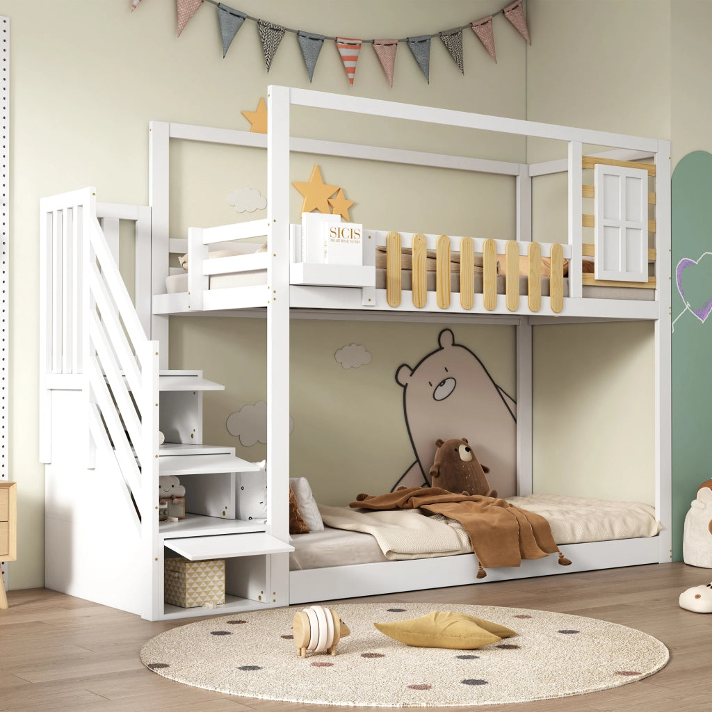 OKWISH Letto a Castello 90×200 cm, Letto Singolo con Scala, 3 Scomparti e Finestra, senza Materasso, in Legno, Bianco e Naturale