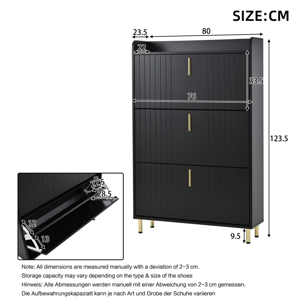 Mobile portascarpe nero opaco con 6 scomparti e piano superiore; 80 x 23 x 123;5 cm; MDF