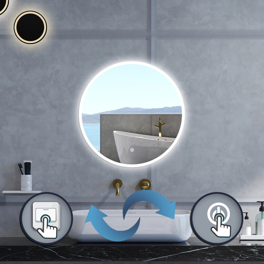 Specchio da bagno Rotondo con 60cm,Memoria,Regorabile,Retroilluminato,doppio interruttore,HD temperato
