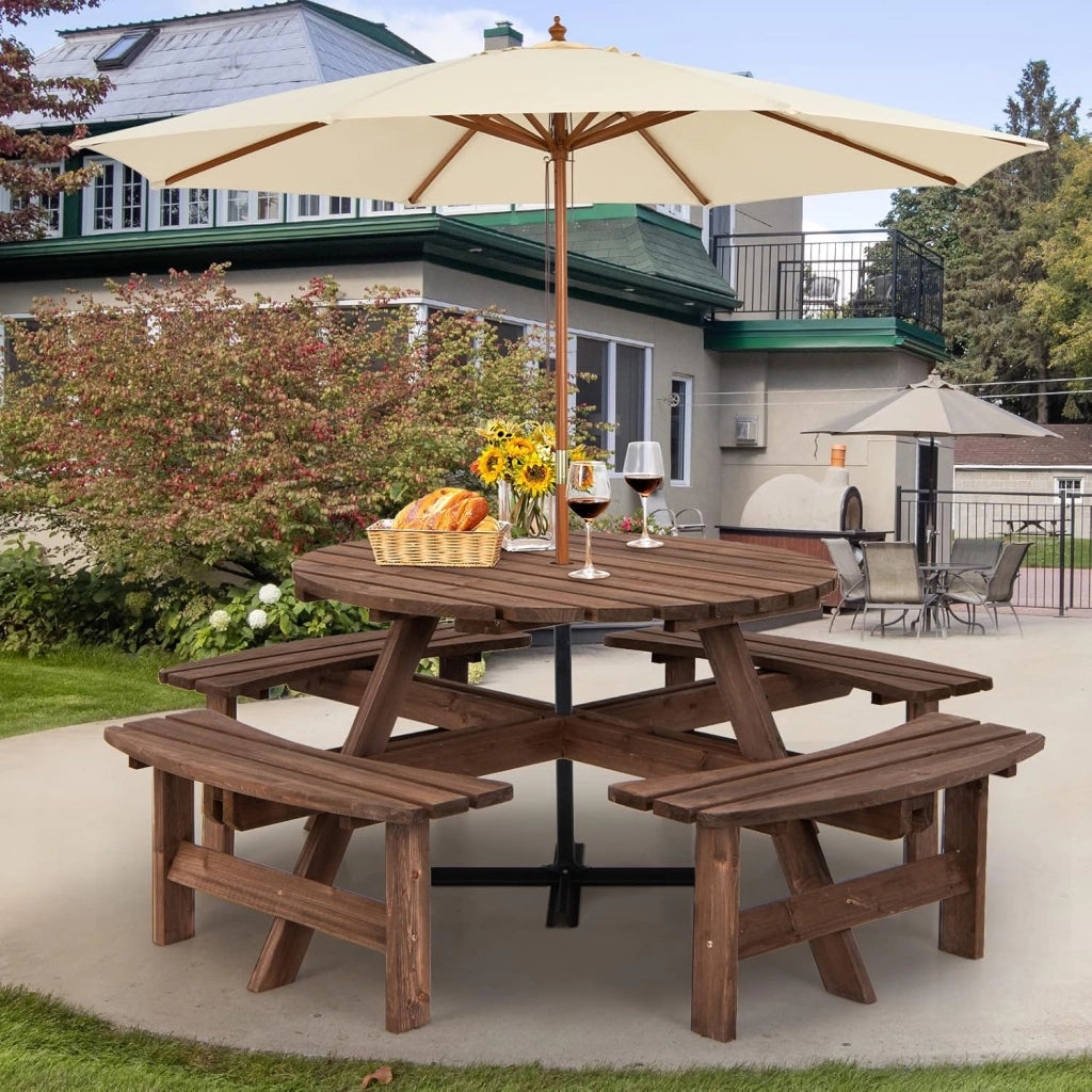 Tavolo da Picnic per 8 Persone con Foro per Ombrellone, Tavolo con Panche in Legno di Abete, Set da Giardino Esterno per Bar, Agriturismo, Sagra, Patio, Balcone, φ179 x 70 cm (Marrone Scuro)