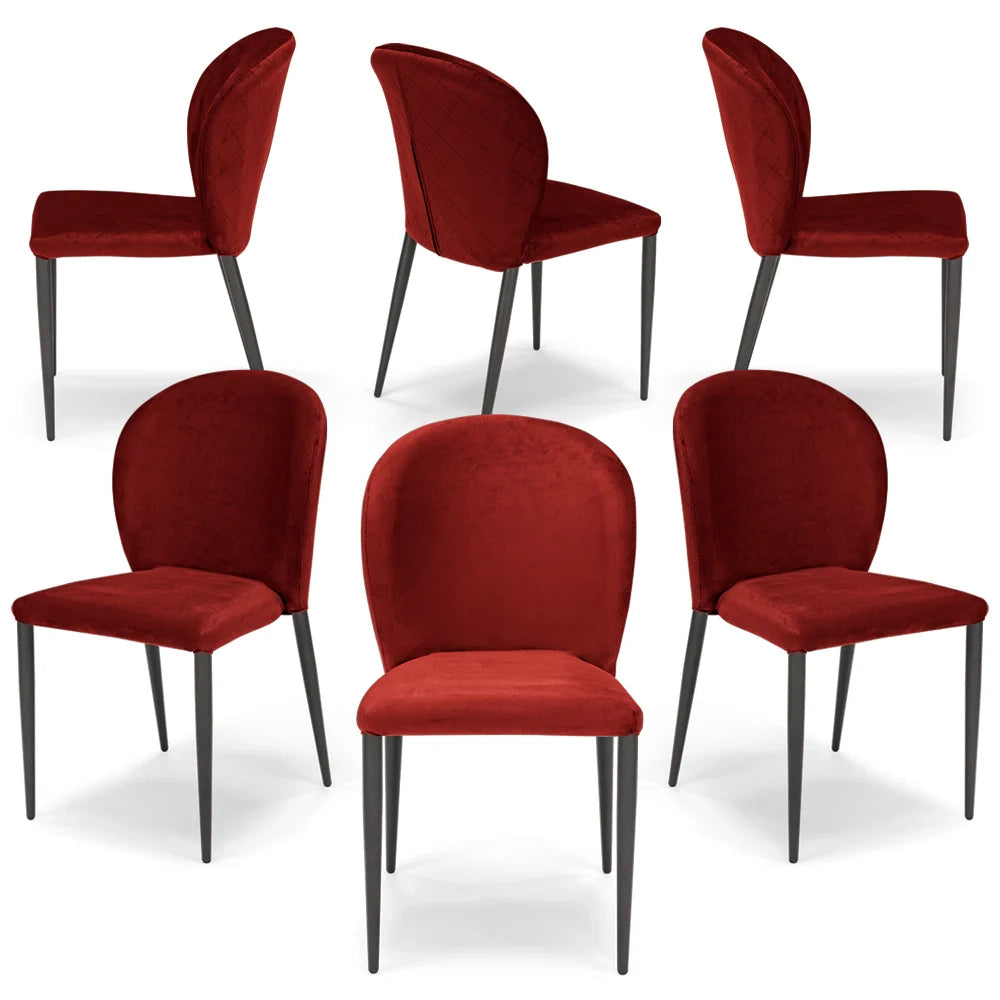 Set 6 sedie da pranzo imbottite in velluto GHIBLI LUX MADE IN ITALY, schienale a poltroncina, gambe robuste in metallo, design moderno, tessuto idrorepellente, colore Rosso