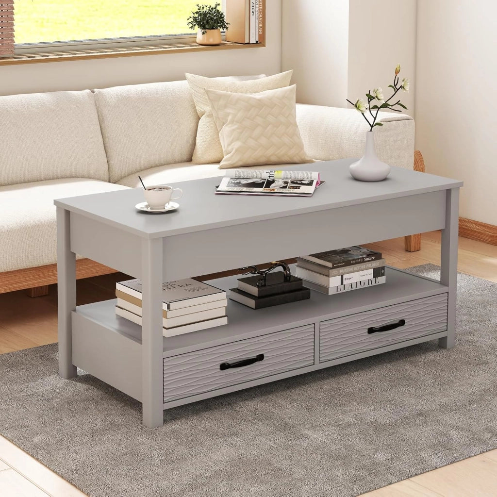 Tavolino da Caffè con Piano Sollevabile, Tavolo Basso con 2 Cassetti, Scomparto Nascosto e Mensola Aperta, Tavolino Rettangolare da Salotto, Studio e Ufficio, 100 x 46 x 50 cm, Grigio