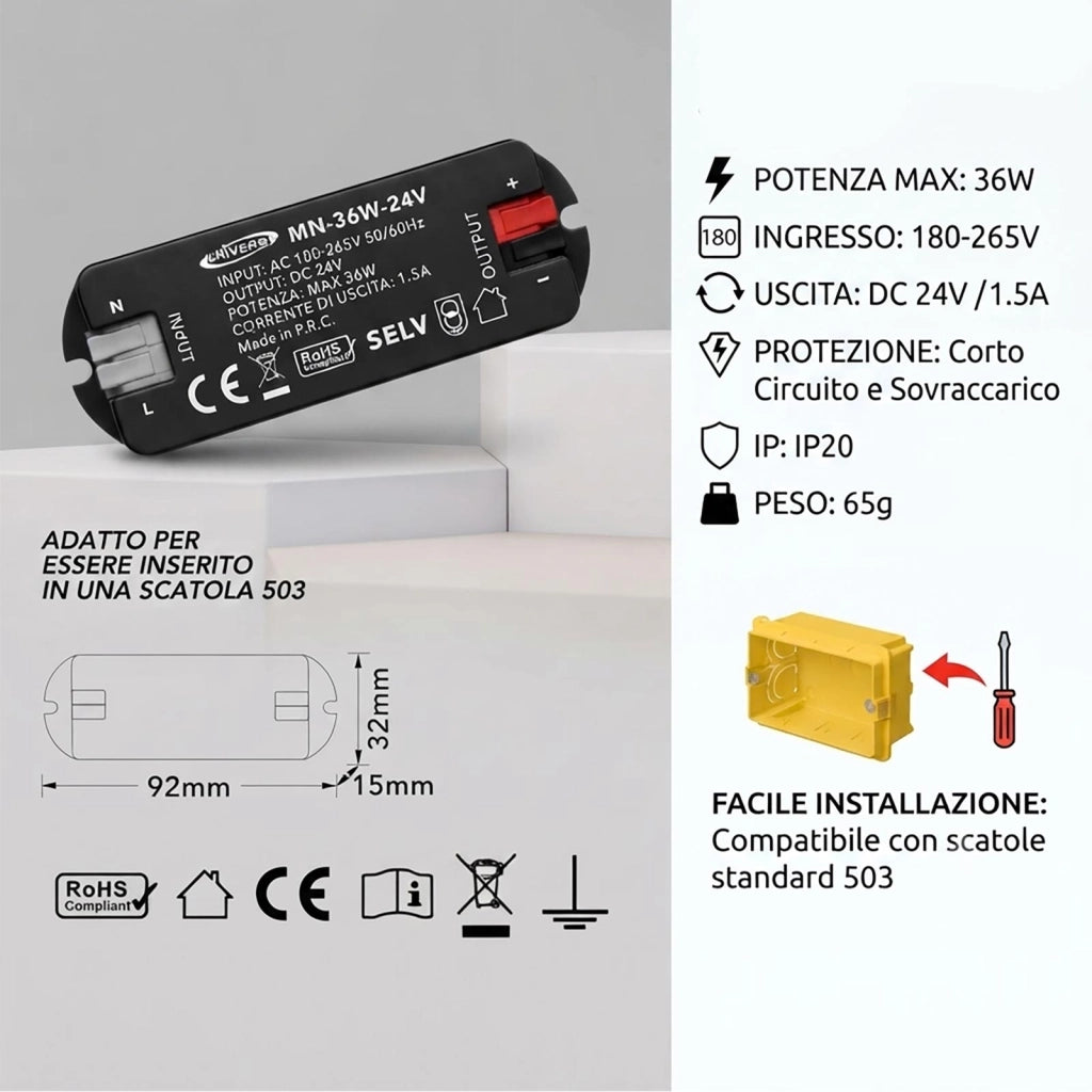 Mini Alimentatore Stabilizzato 24V 36W 1.5A Trasformatore Passivo Ultra Compatto e Slim per Strisce Luci LED IP20