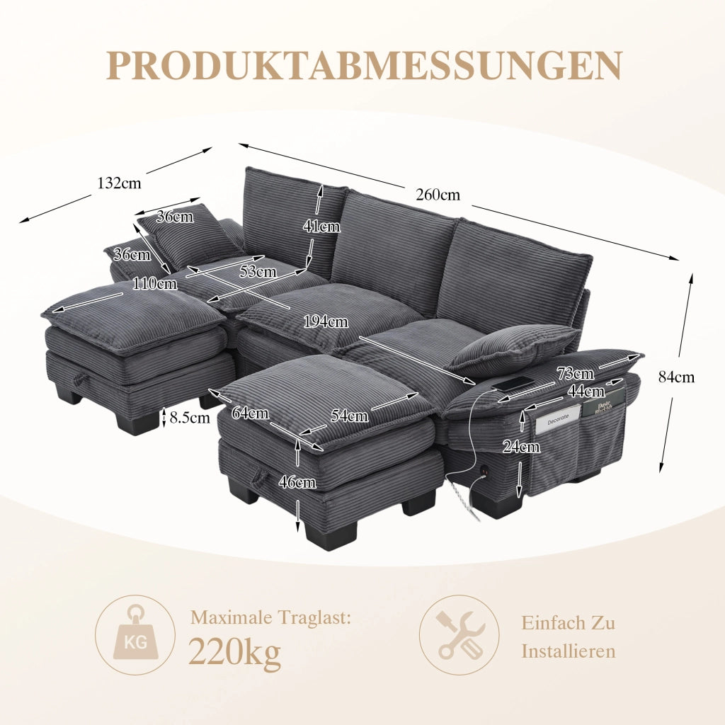 Divano modulare a 3 posti in tessuto corduroy con 2 pouf, seduta ampia ergonomica, USB-C, grigio scuro