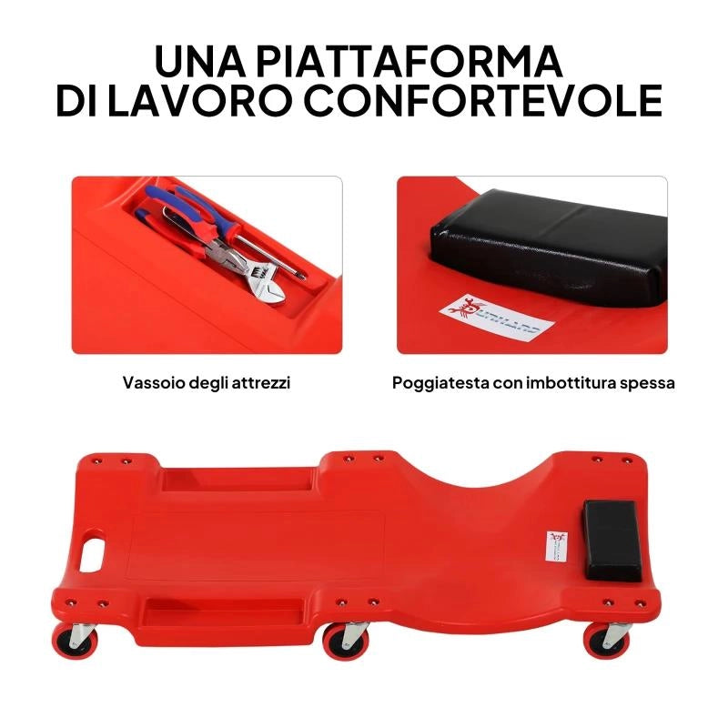 CARRELLO DA MECCANICO CON POGGIATESTA IMBOTTITO E 2 VASSOI LATERALI IN PLASTICA ROSSA, 100X48X12 CM