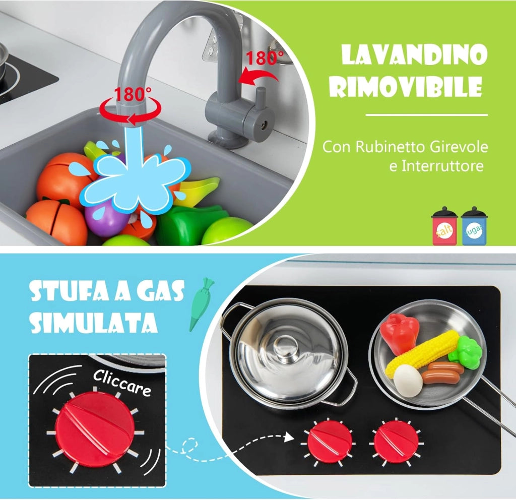 Cucina Giocattolo per Bambini in Legno, Cucina per Bambini con Microonde, Cappa Aspirante, Forno, Macchina del Ghiaccio, Lavello e Rubinetto, Manopole con Suoni, per Bambini 3-6 Anni (Bianco)