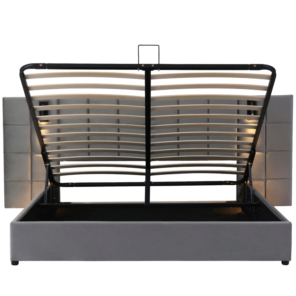 Letti contenitori 160x200 cm con contenitore e testiera con lampada regolabile e USB; acciaio; grigio (Senza materasso)