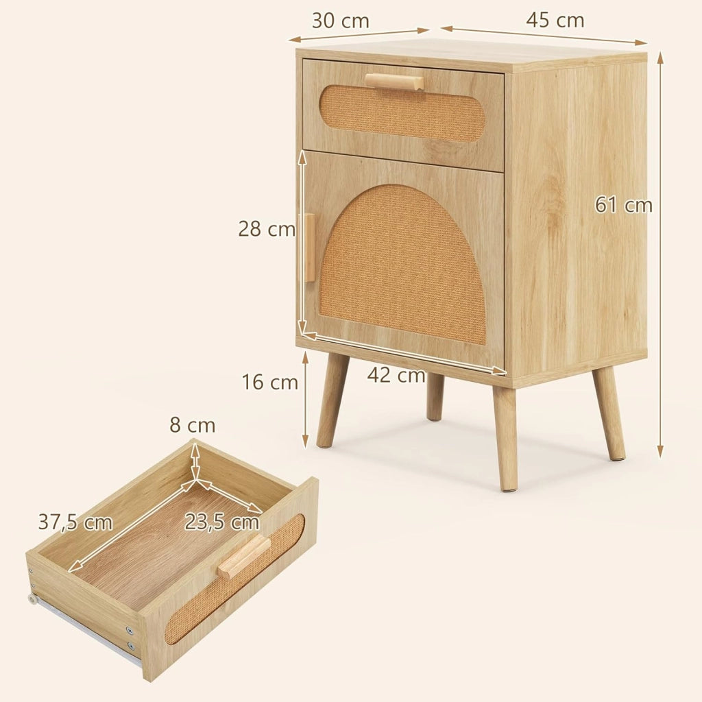 Comodino in Rattan, Tavolo Laterale in Stile Boho con Cassetto e Armadietto, Comodino con Gambe in Legno Massello, Dispositivo Anti-Ribaltamento, per Camera da Letto e Soggiorno, Naturale