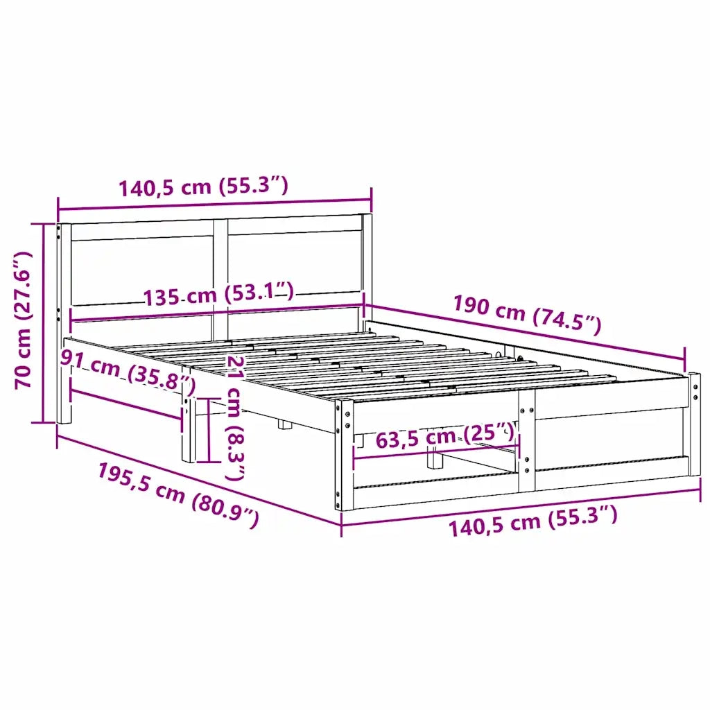 Struttura del letto Bianco 135 x 190 cm Pino massello 873281