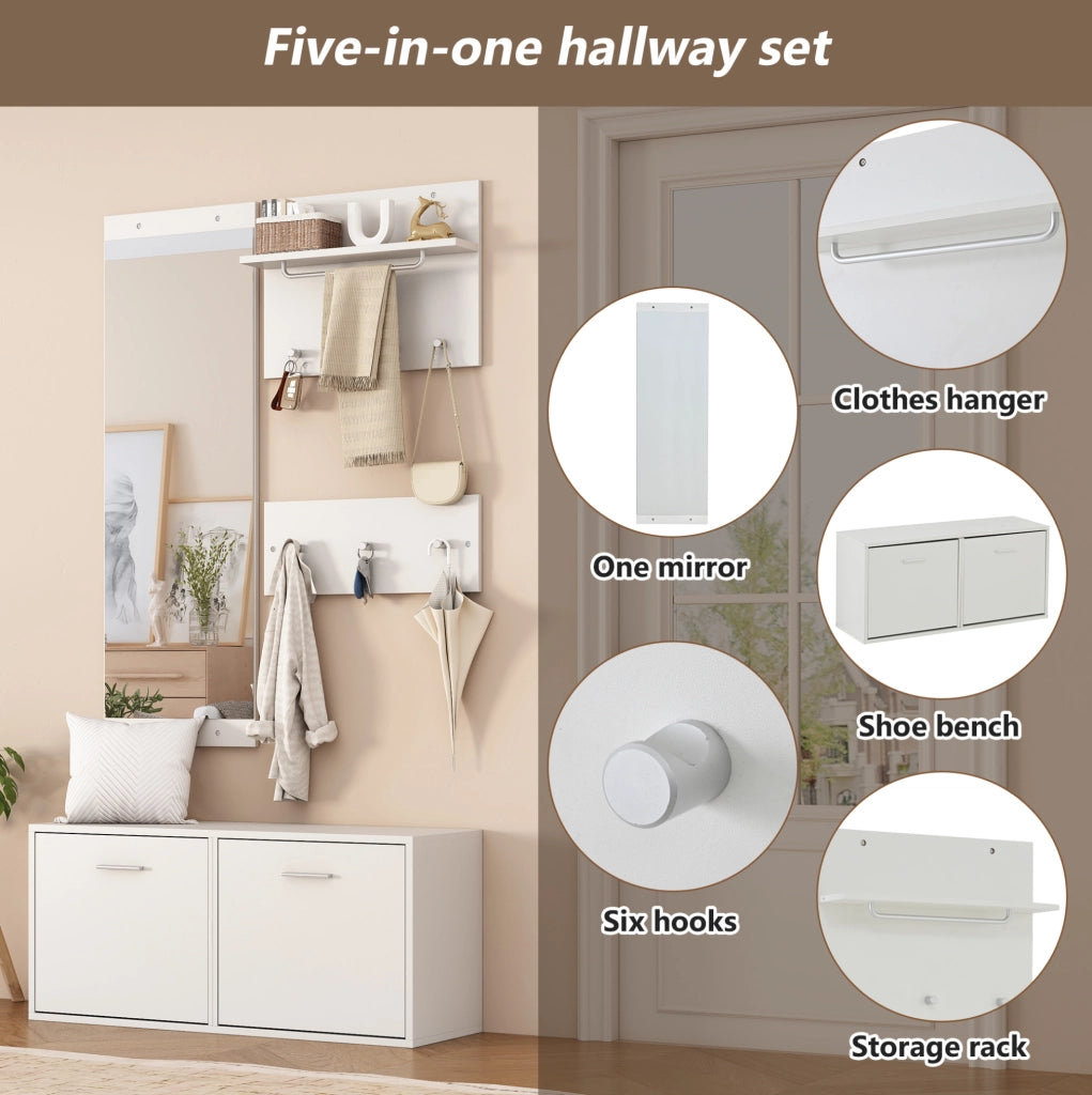 Set ingresso 4 pezzi con specchio; scarpiera a doppio livello 90x30x41;5 cm; bianco